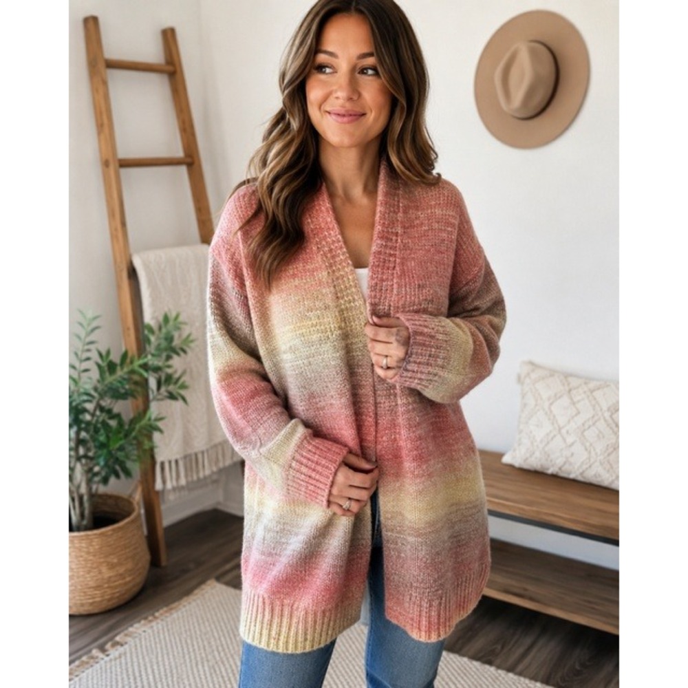Grace + Karma Pink Cozy Ombre Sunset Open Front Cardigan Sweater XS/S